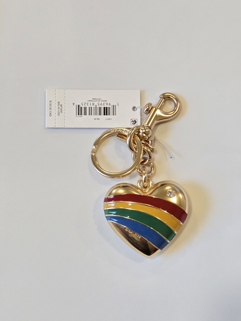 Coach Gold-Tone Heart Keychain with Rainbow Enamel Stripes NWT